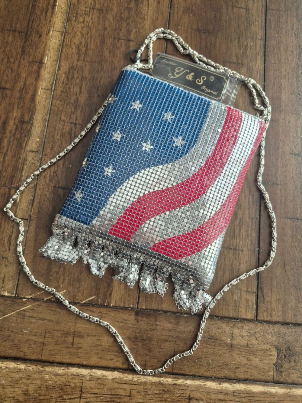 American Flag Mesh Evening Bag With Rhinestone Fringe & Chain Strap